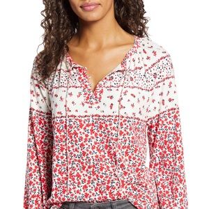 Lucky Brand Floral Bishop Sleeve Red/White Blouse
